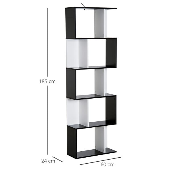 HOMCOM - Bibliothèque étagère meuble de rangement design contemporain en S 5 étagères 60L x 24l x 185H cm noir blanc - large