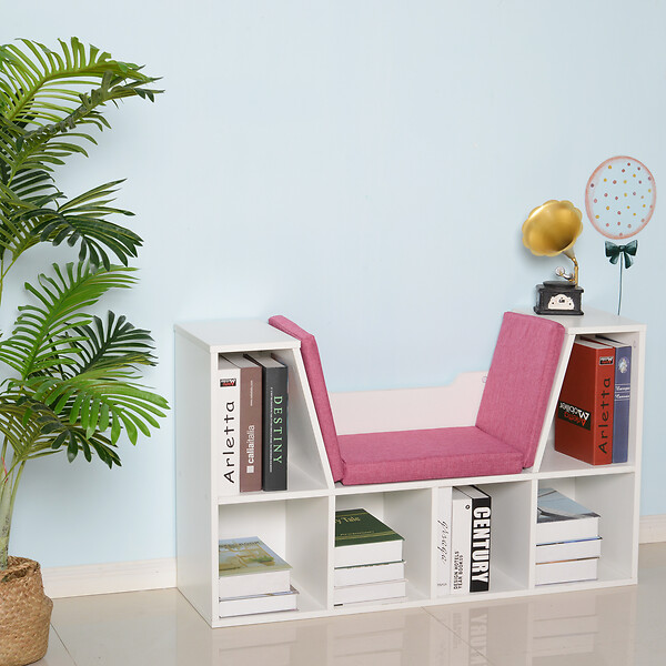 HOMCOM - Bibliothèque banc 2 en 1 design contemporain 6 casiers 3 coussins fournis 102L x 30l x 61H cm blanc rose - large