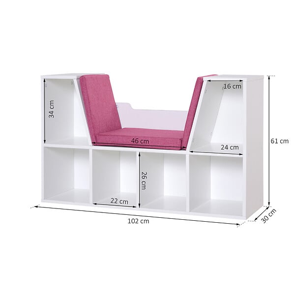 HOMCOM - Bibliothèque banc 2 en 1 design contemporain 6 casiers 3 coussins fournis 102L x 30l x 61H cm blanc rose - large