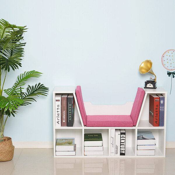 HOMCOM - Bibliothèque banc 2 en 1 design contemporain 6 casiers 3 coussins fournis 102L x 30l x 61H cm blanc rose - large