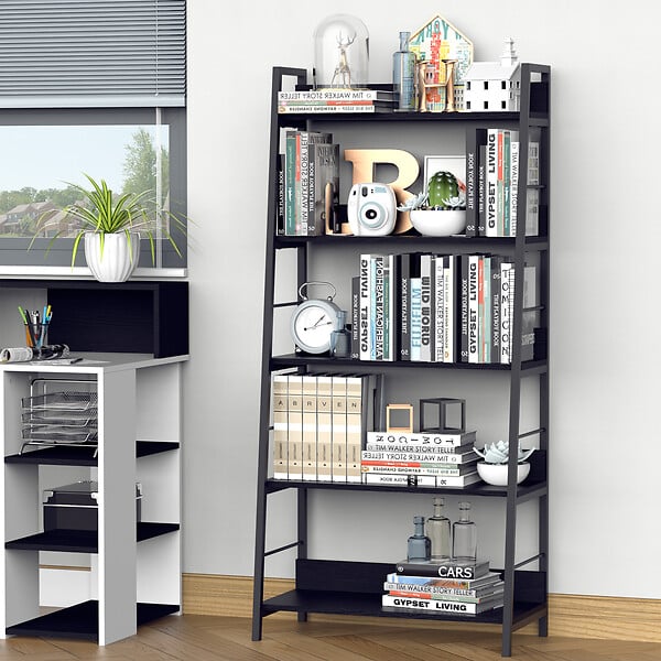 HOMCOM - Étagère bibliothèque de rangement style industriel incliné 5 niveaux 70L x 35l x 150H cm noir - large