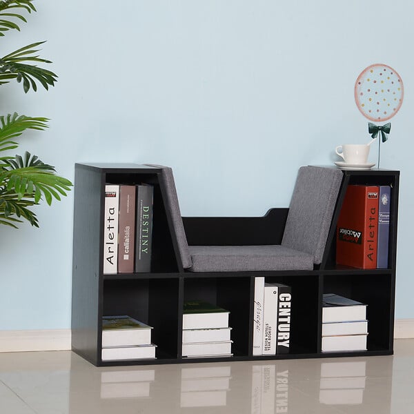 HOMCOM - Bibliothèque banc 2 en 1 design contemporain 6 casiers 3 coussins fournis 102L x 30l x 61H cm noir gris - large