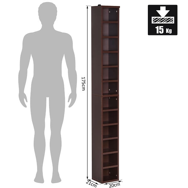 HOMCOM - Étagère colonne armoire de rangement CD 12 compartiments 21L x 20l x 175H cm capacité max. 204 CD coloris noyer foncé - large