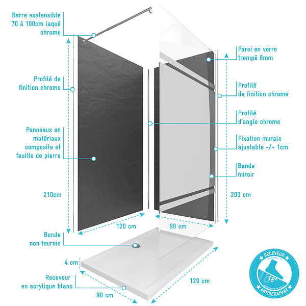AURLANE - Ensemble complet douche à l'Italiennne avec Receveur 90x90 + Paroi Miroir + Panneaux muraux Ardoise - large