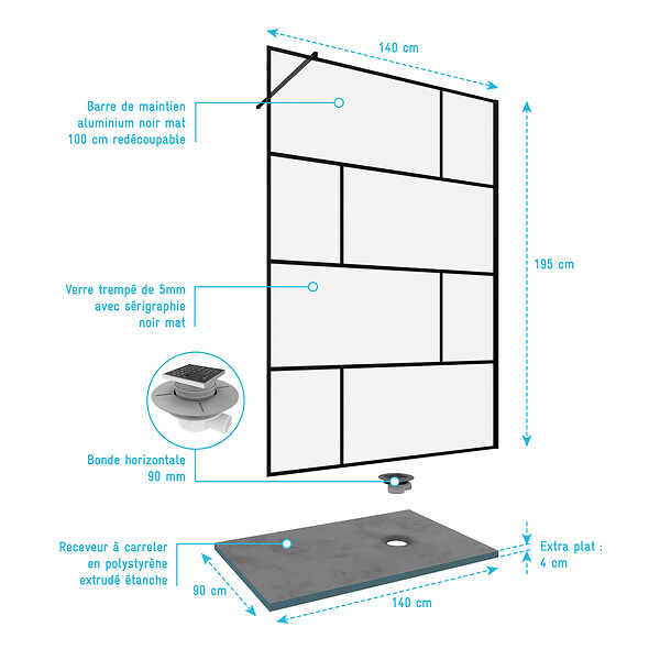 AURLANE - Pack Paroi de douche 140x195 cm + RECEVEUR DE DOUCHE A CARRELER 90x140 RECOUPABLE - large