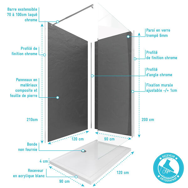 AURLANE - Ensemble complet douche à l'Italiennne avec Receveur 120x90 + Paroi chrome + Panneaux muraux 90&120 - large
