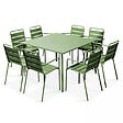 OVIALA - Ensemble table de jardin carrée et 8 fauteuils en métal vert cactus  - Palavas - vignette