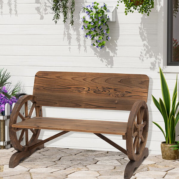 OUTSUNNY - Banc de jardin 3 places style rustique chic accoudoirs roues de charette bois sapin traité carbonisation - large
