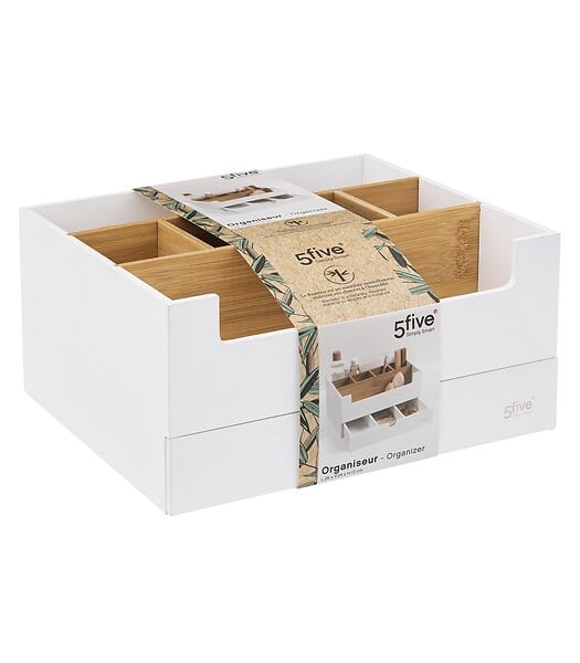 5 FIVE SIMPLY SMART - Organiseur Rangement maquillage 1 Tiroir 9 compartiments Blanc et Bambou - large