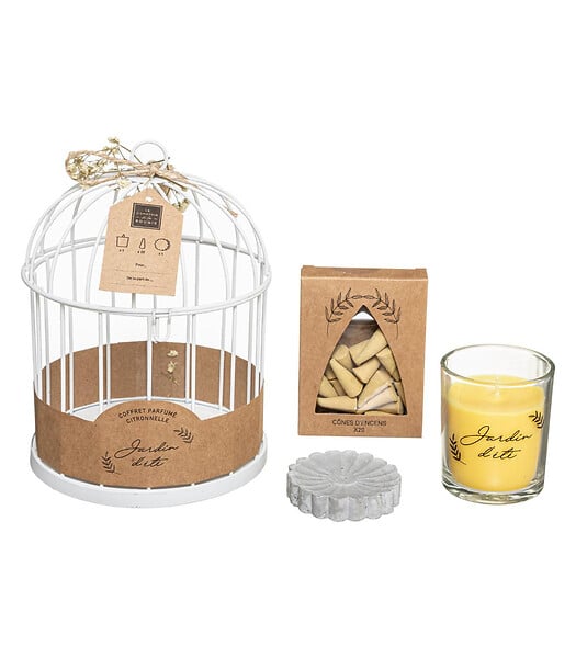 ATMOSPHERA - Coffret Citronnelle Cage en métal Bougie parfumée citronnelle et 20 Cônes d'encens avec support - large