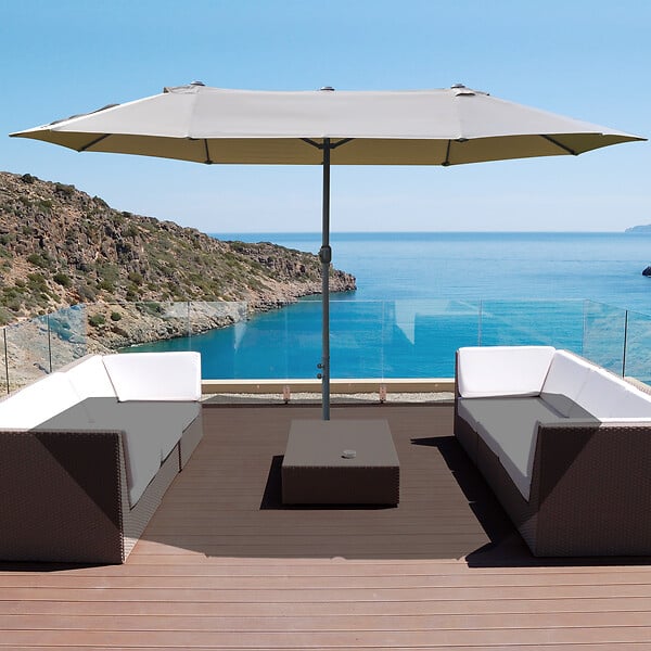 OUTSUNNY - Parasol de jardin XXL parasol grande taille 4,6L x 2,7l x 2,4H m ouverture fermeture manivelle acier polyester haute densité café latte - large