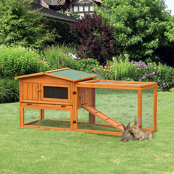 PAWHUT - Clapier cage à lapins rongeurs 2 étages tiroir déjection enclos extérieur toit ouvrant dim. 156L x 58l x 68H cm bois sapin pré-huilé - large