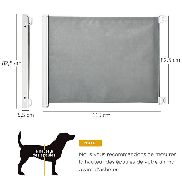 PAWHUT - Barrière de sécurité barrière animaux rétractable automatique 1,15L x 0,83H m teslin métal gris - large