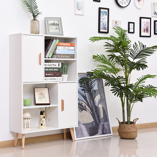 HOMCOM - Bibliothèque scandinave 4 niches + 2 placards avec étagère dim. 80L x 24l x 123H cm pieds effilés inclinés bois massif panneaux particules blanc - large