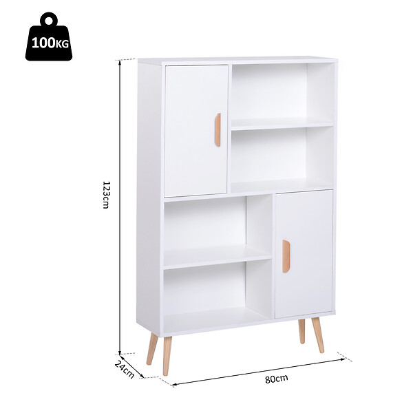 HOMCOM - Bibliothèque scandinave 4 niches + 2 placards avec étagère dim. 80L x 24l x 123H cm pieds effilés inclinés bois massif panneaux particules blanc - large