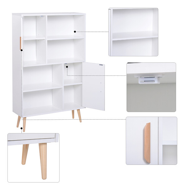 HOMCOM - Bibliothèque scandinave 4 niches + 2 placards avec étagère dim. 80L x 24l x 123H cm pieds effilés inclinés bois massif panneaux particules blanc - large