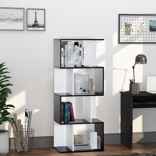 HOMCOM - Bibliothèque étagère meuble de rangement design contemporain en S 4 étagères 60L x 24l x 148H cm noir blanc - large