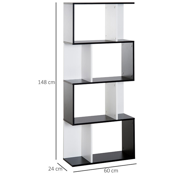 HOMCOM - Bibliothèque étagère meuble de rangement design contemporain en S 4 étagères 60L x 24l x 148H cm noir blanc - large