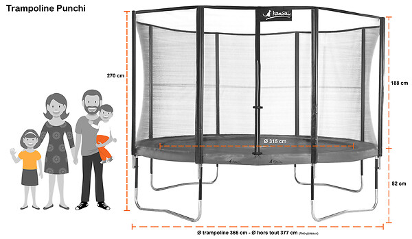 KANGUI - Trampoline Ø 360cm + filet de sécurité + échelle + kit ancrage - PUNCHI 360 Bleu - large