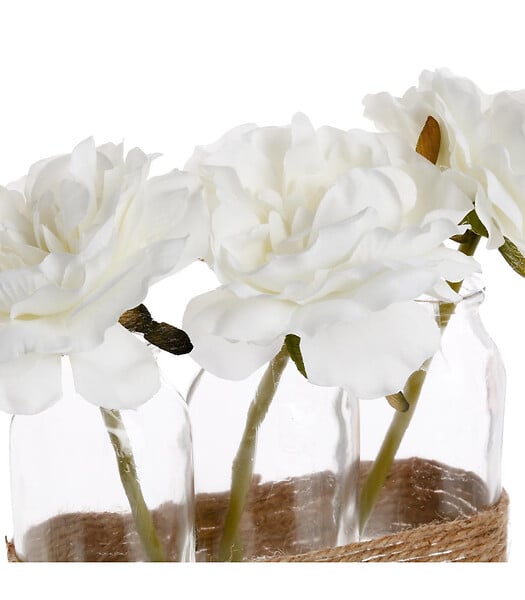 ATMOSPHERA - Composition artificielle de 3 Roses Blanches dans 3 Vases en verre liés par une corde - large