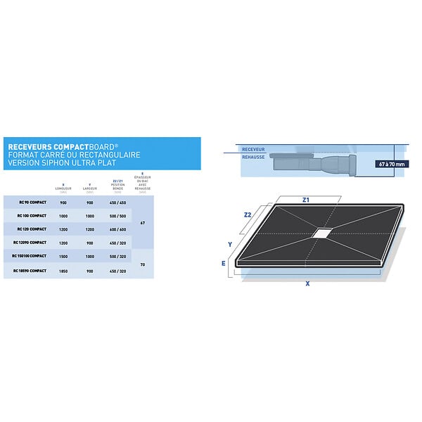 U-TILE - Receveur de douche à carreler compact 120 x 90 cm x 67 mm - large