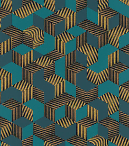 RASCH - Papier peint expansé - Cubes striés bleu paon - 10,05x53cm - large