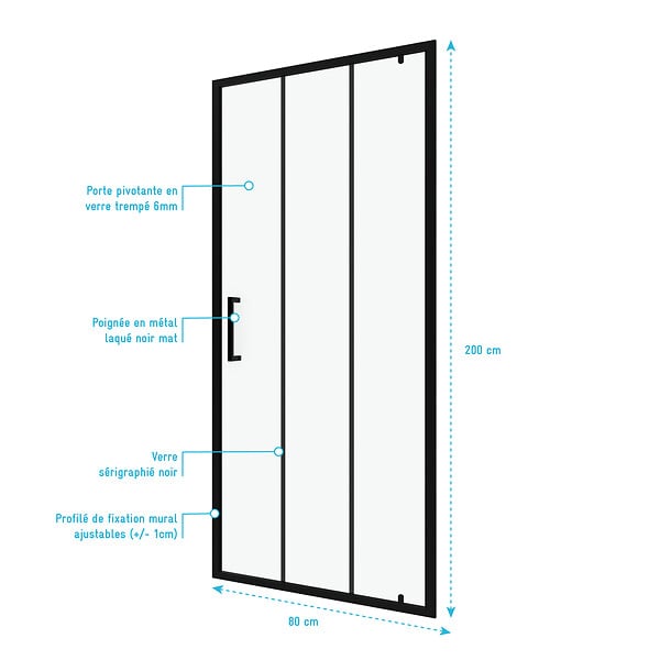 AURLANE - Porte de douche pivotante type industriel - 80x200cm - PROFILE NOIR MAT - verre 6mm - large