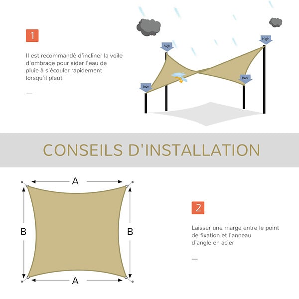 OUTSUNNY - Voile d'ombrage carré 3 x 3 m polyéthylène haute densité résistant aux UV coloris sable - large