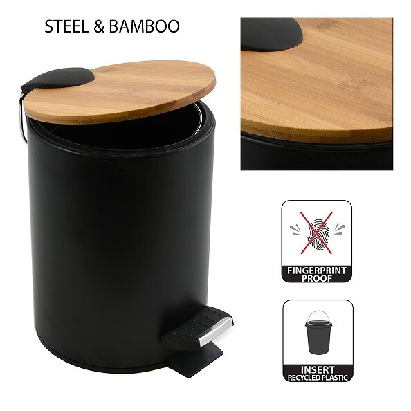 SPIRELLA - Spirella Poubelle à pédale Acier & Bambou ADONIS 3L Noir - large