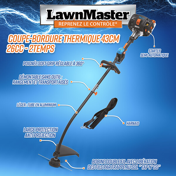 LAWNMASTER - Coupe-bordures thermique démarrage électrique 26cc 740W - large