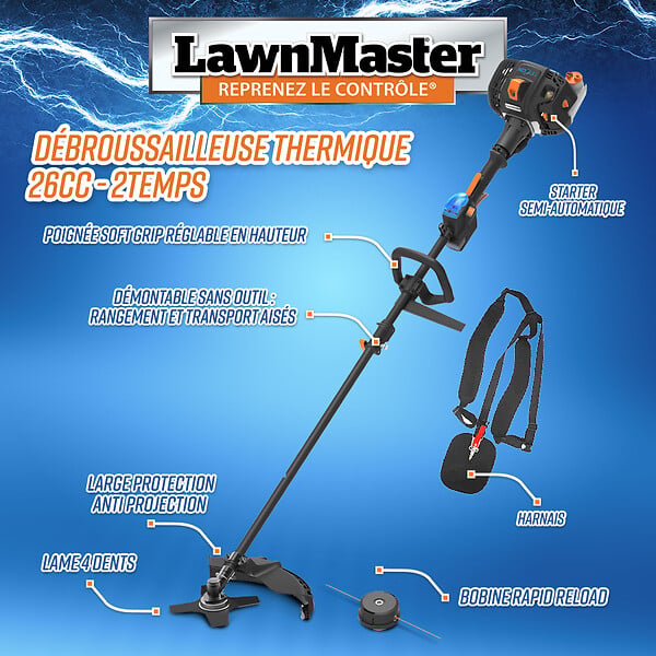 LAWNMASTER - Débrousailleuse thermique 26cc démarrage électrique - large
