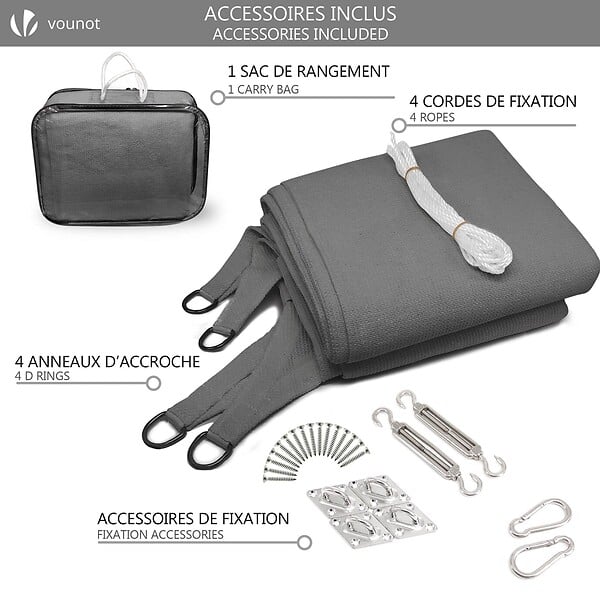 VOUNOT - Voile d'ombrage rectangulaire avec 24pcs kit de fixation 3x2.5 Gris - large