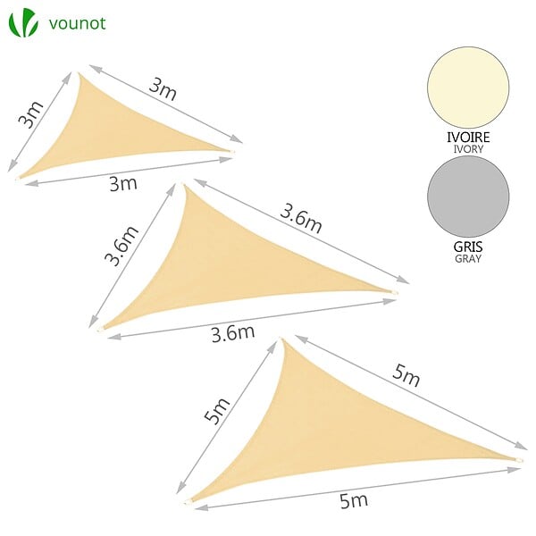 VOUNOT - Voile d ombrage Triangle HDPE avec 19 pcs kit de montage 3x3x3m Ivoire - large