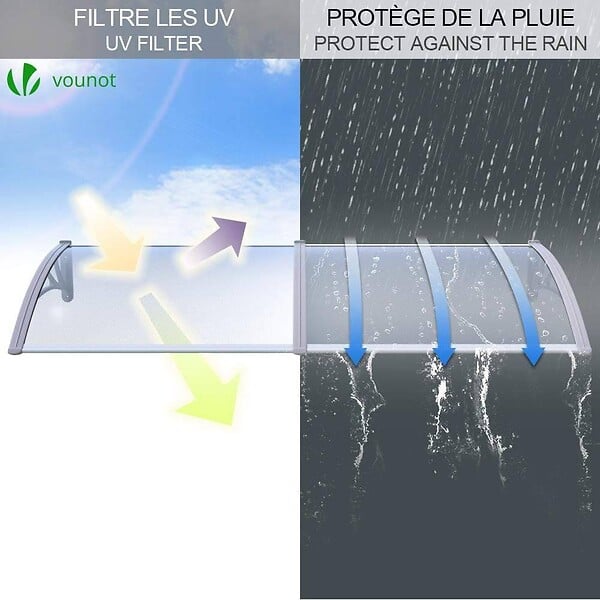 VOUNOT - Auvent de porte marquise 200x80 cm transparent en Polycarbonate anti UV Gris - large