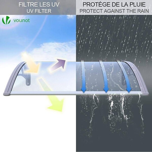 VOUNOT - Auvent de porte marquise 100x80 cm transparent en Polycarbonate anti UV Gris - large
