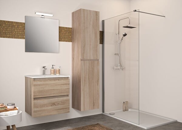 ALLIBERT - Meuble de salle de bain 2 tiroirs BAZIL éclairage LED 6 W et miroir 60 x 58 x 46 cm - couleur chêne - large
