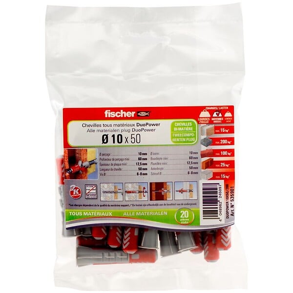 FISCHER - Cheville tous matériaux DuoPower 10x50 sans vis - sachet de 20 - large