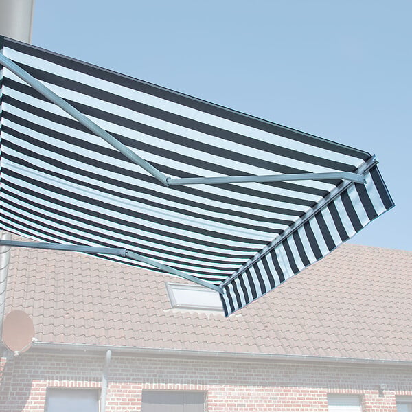 HAPPY GARDEN - Store banne SAULE 2,95 × 2,5m avec semi-coffre - Toile rayée blanche/grise et structure blanche - large