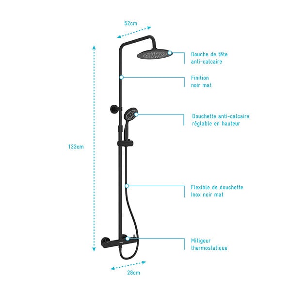 AURLANE - Colonne de douche Thermostatique finition Noire Mate - 133x28x52 cm - MOLLY BLACK - large