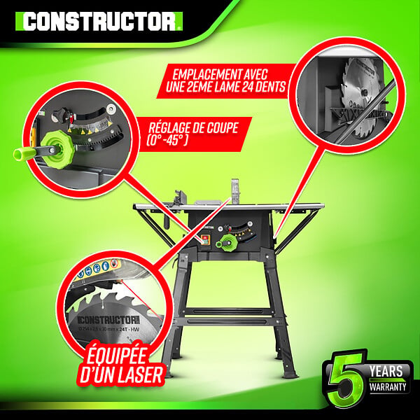 CONSTRUCTOR - Table scie circulaire 2000W - 254mm - Livrée avec 2 lames (24 et 40 dents) - large
