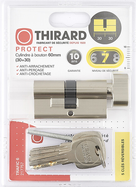 THIRARD - Cylindre à bouton en laiton TRAFIC 6 - 5 clés - L.30xl.30mm - large