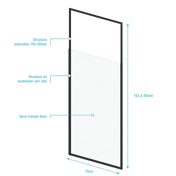 AURLANE - Pare baignoire 75x153cm extensible jusqu’à 202cm - aluminium noir mat - verre trempé 6mm - STRETCHY - large