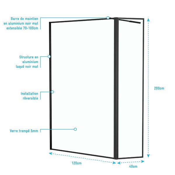 AURLANE - Paroi de Douche avec Volet Pivotant - Cadre et Bras Alu. NOIR MAT - 120+40x200cm - DARK CONTOURING - large