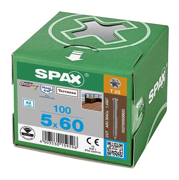 SPAX - 100 Vis Torx Autoforeuse 5x60 Spax-deck Inox A2 - Terrasse Bois Éxotique - large