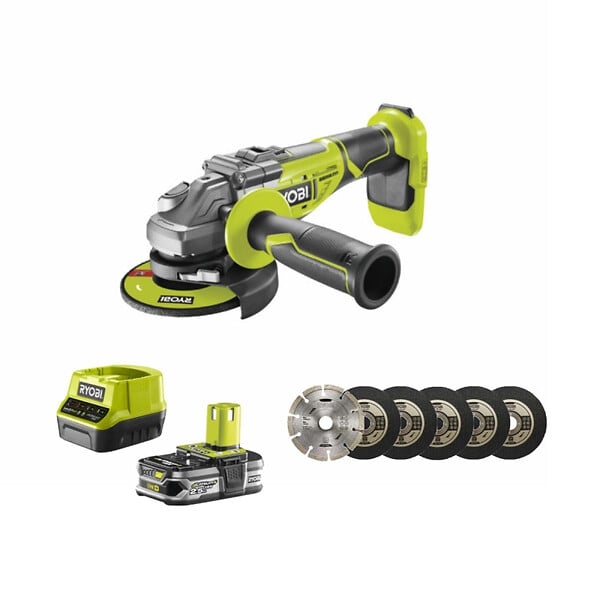 RYOBI - Pack RYOBI Meuleuse d'angle brushless 18V One+ R18AG7-0 - 1 Batterie 2.5Ah - 1 Chargeur rapide - kit 6 disque 125 mm - large