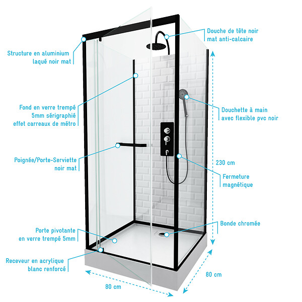 AURLANE - Cabine de douche carrée 80x80x230cm à motif carreaux de métro - UNDERGROUND SQUARE 80 - large