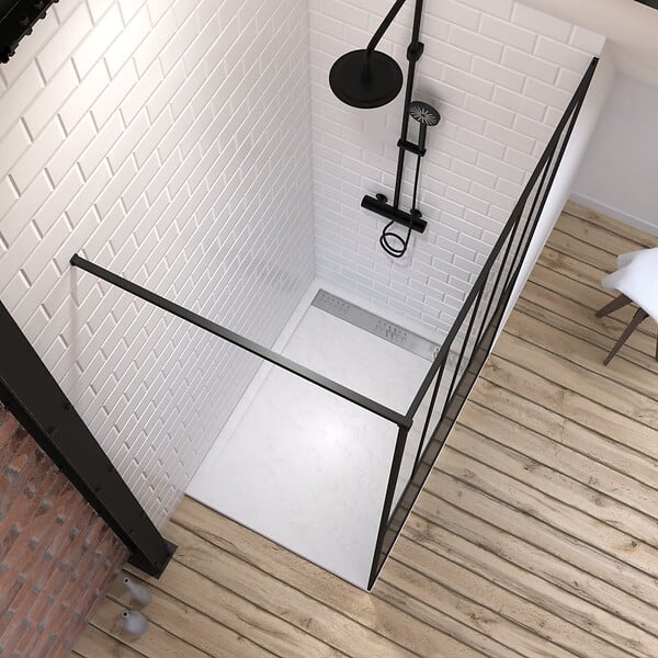 AURLANE - Pack Paroi de douche 120x200 cm noir mat - verre trempe 5mm + Receveur extra plat à poser - caniveau - large
