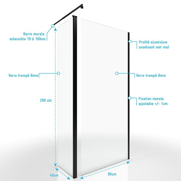 AURLANE - Paroi de Douche et Volet Pivotant 90+40x200 cm - Verre Transparent - Barre de Fixation Noire - large