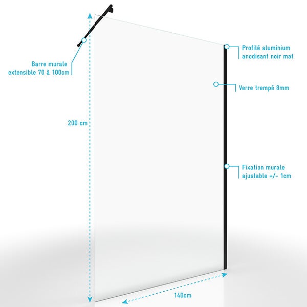 AURLANE - Paroi de Douche 140x200cm Verre Transparent - Barre de Fixation Extensible et Profil Noir - large