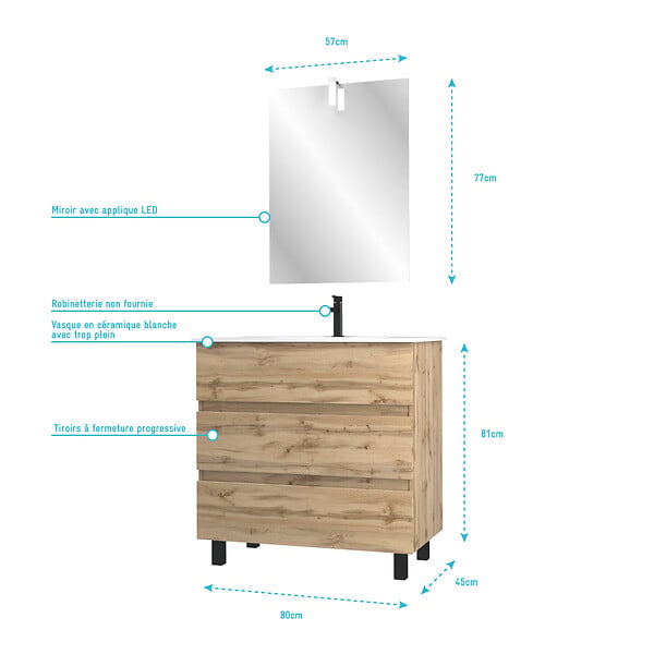 AURLANE - Pack Meuble SDB 80cm sur pieds 3 tiroirs Chene_Vasque blanche + Miroir Led - TIMBER 80_Pack47 - large